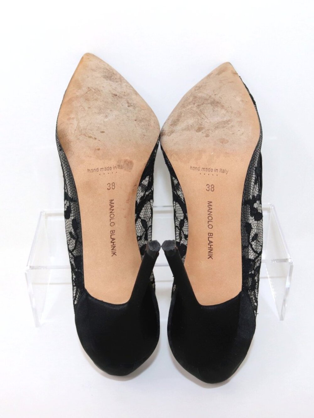 SOLD——- Manolo Blahnik 38 BB 105 Black Floral Lace Satin Stiletto Point Toe Pump - Picture 12 of 15